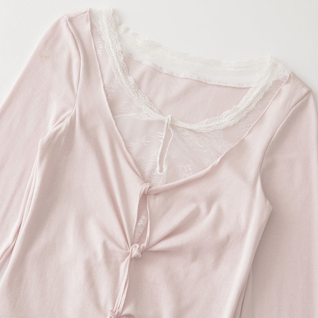 Women's Long Sleeve Fine Jersey Top with Lace Insert, Knot Front and Gathered Detail