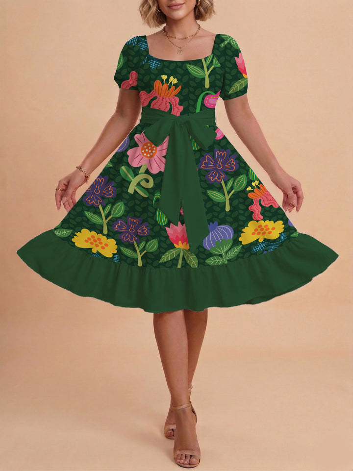 Women's floral dress with adjustable belt and voluminous sleeves Lune London