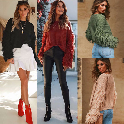 Knit sweater for women with voluminous fringe sleeves and a modern cut Amarae
