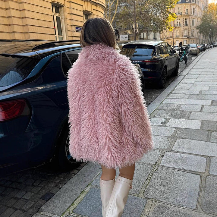 Women’s Short Cut Oversized Faux Fur Coat with Voluminous Shawl Collar and Curly Texture Amarae