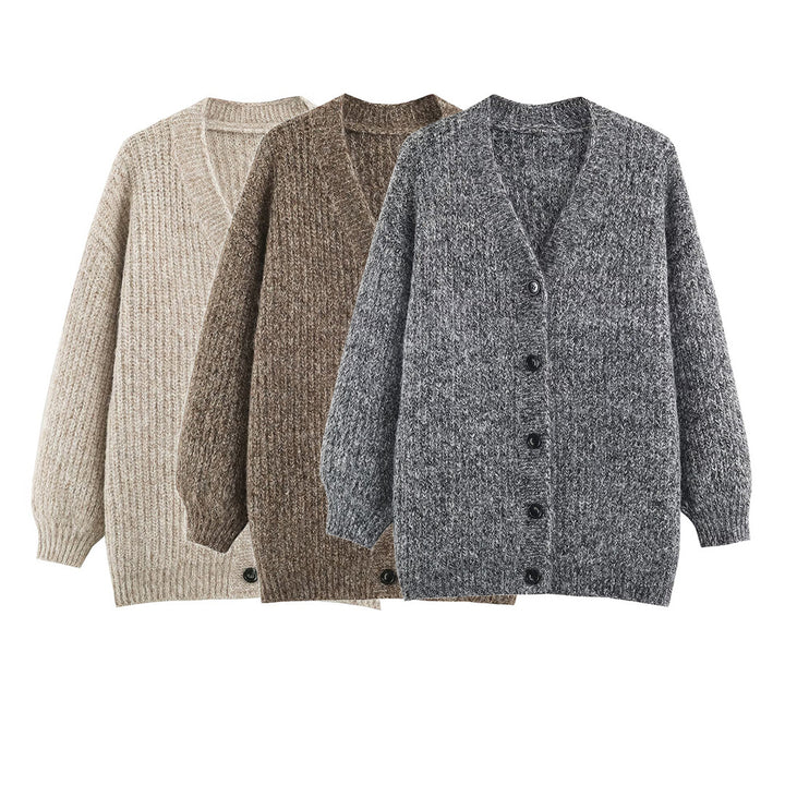 Women Oversized Chunky Knit Cardigan with Deep V-Neck, Ribbed Texture and Balloon Sleeves Amarae