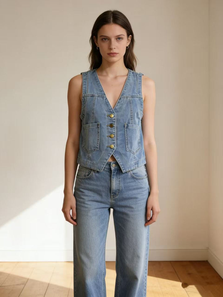 Women's Casual Denim Vest with Button Details and Patch Pockets Lune London