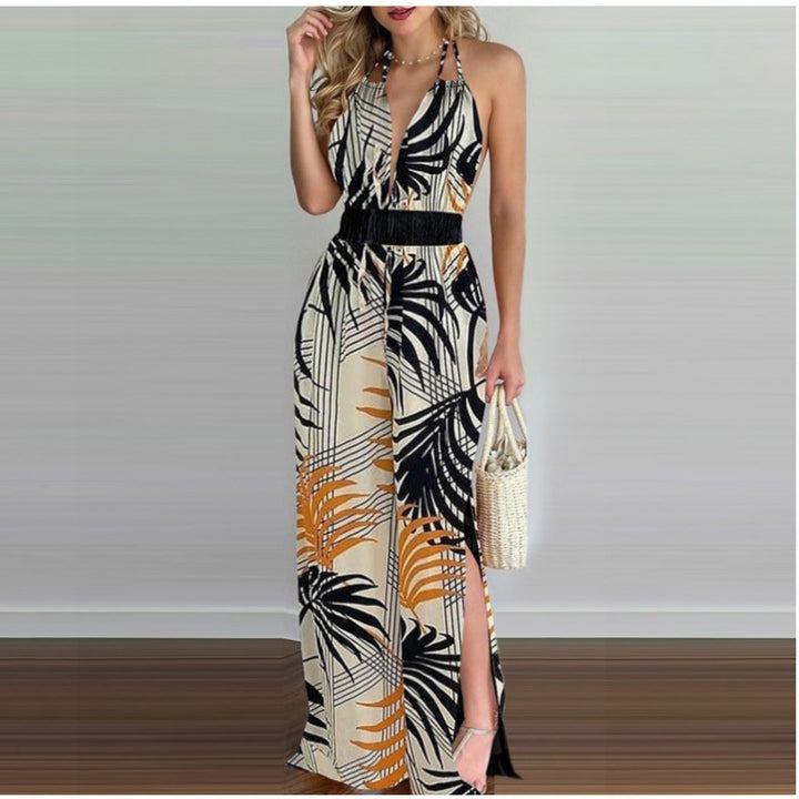 Women Bohemian Halter Neck Maxi Jumpsuit with Side Slits Lune London