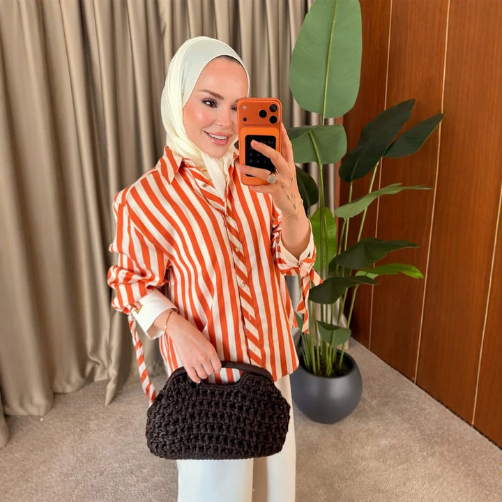 Women Striped Oversize Shirt Blouse with Ties on Sleeves and Concealed Button Placket Amarae