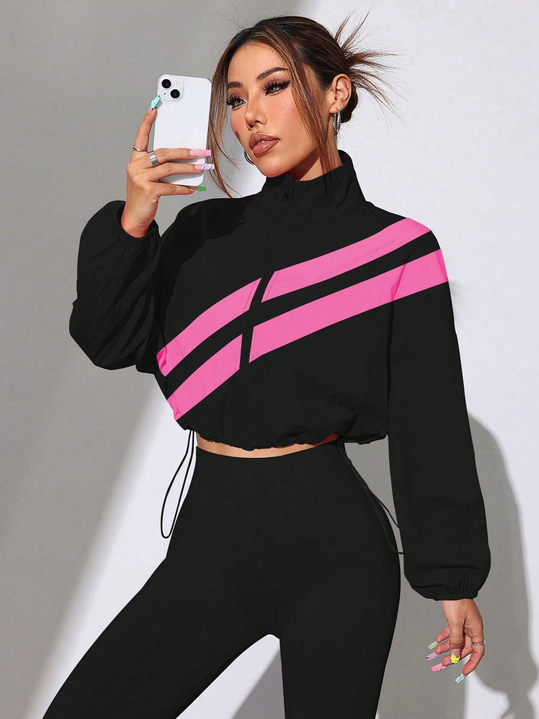 Women's Cropped Windbreaker with Stand-up Collar, Zipper and Drawstring Waist Amarae