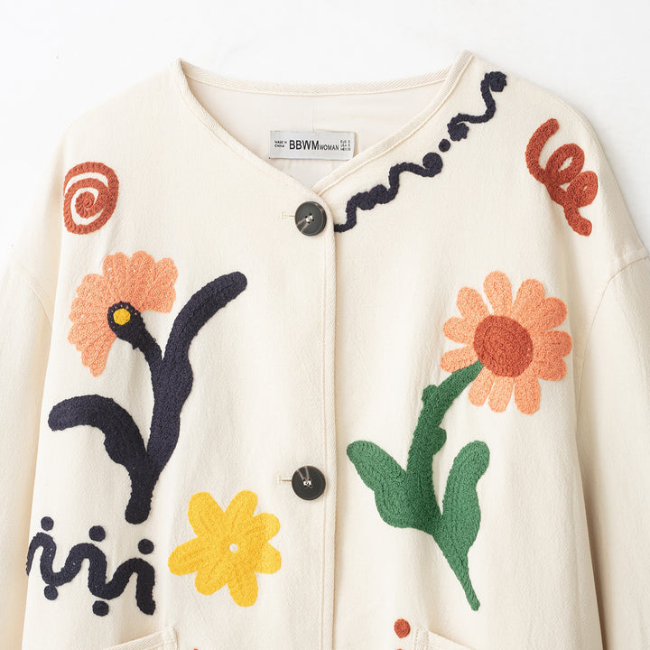 Women's Embroidered Oversized Cotton Jacket with Floral Decor and Button Placket Amarae