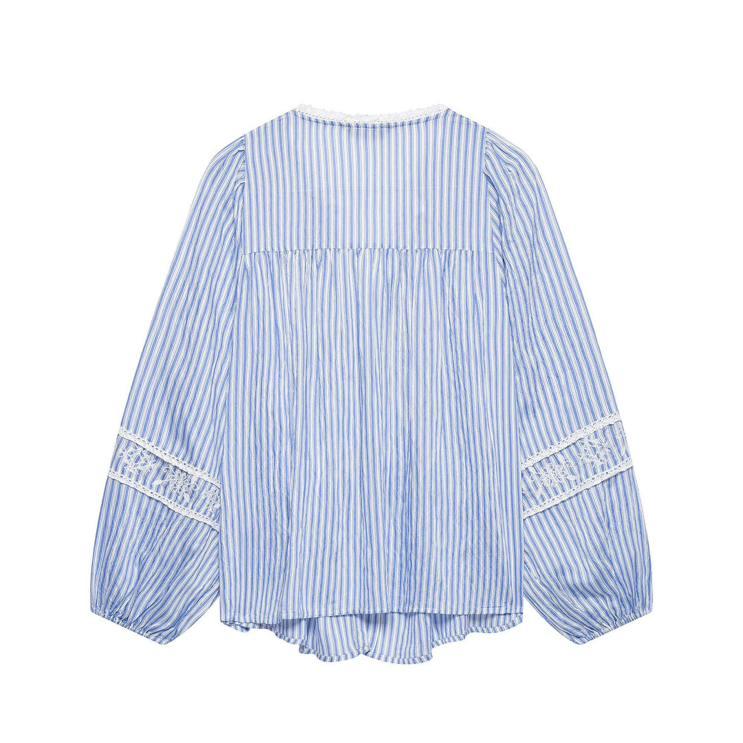 Ladies Striped Blouse with Crochet Lace, Balloon Sleeves and Button Placket Amarae