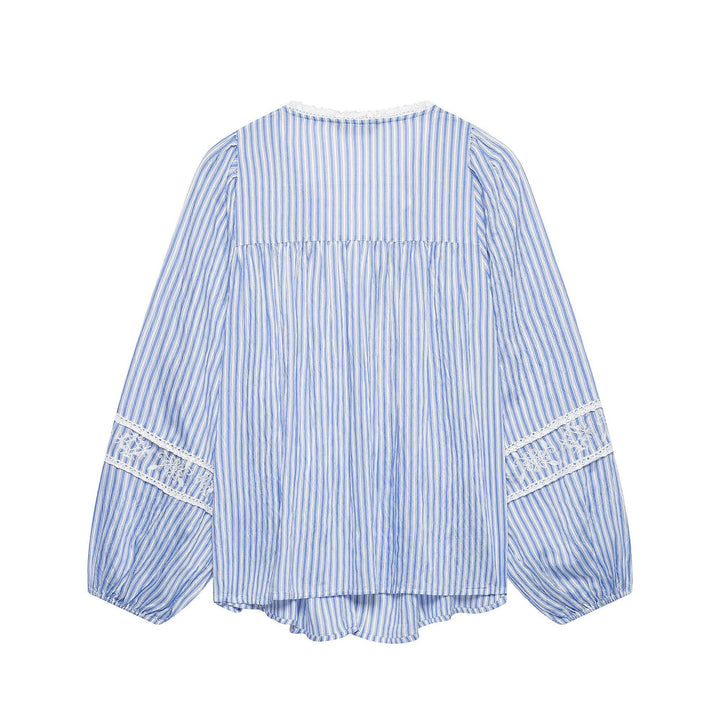 Ladies Striped Blouse with Crochet Lace, Balloon Sleeves and Button Placket Amarae
