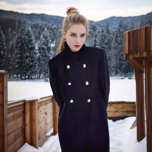 Elegant wool coat for women with double-breasted buttons and practical high collar Amarae