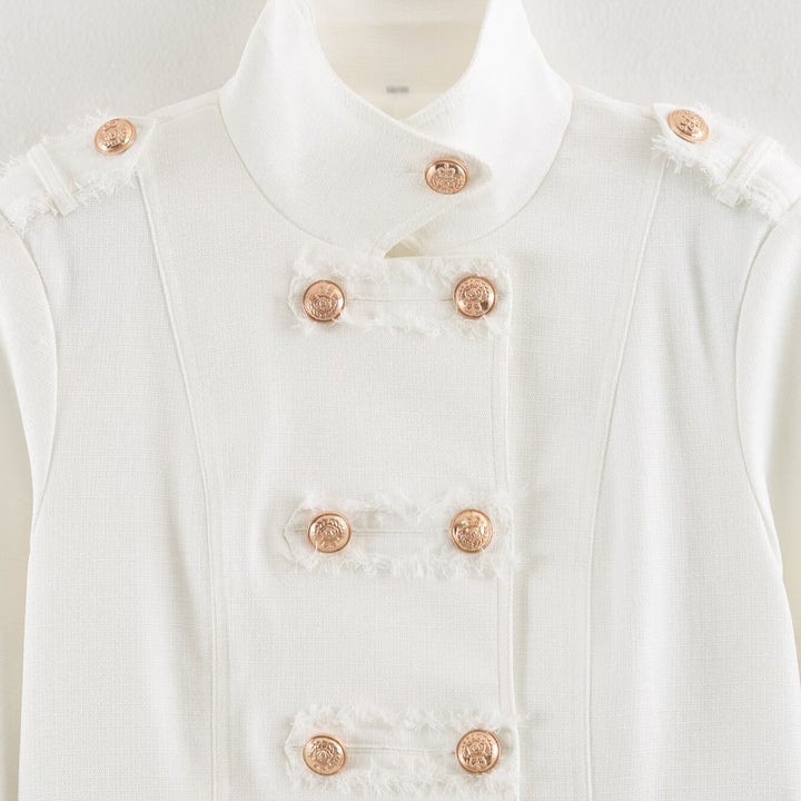 Ladies Short Cut Military Inspired Jacket with Stand-Up Collar and Decorative Button Placket Amarae