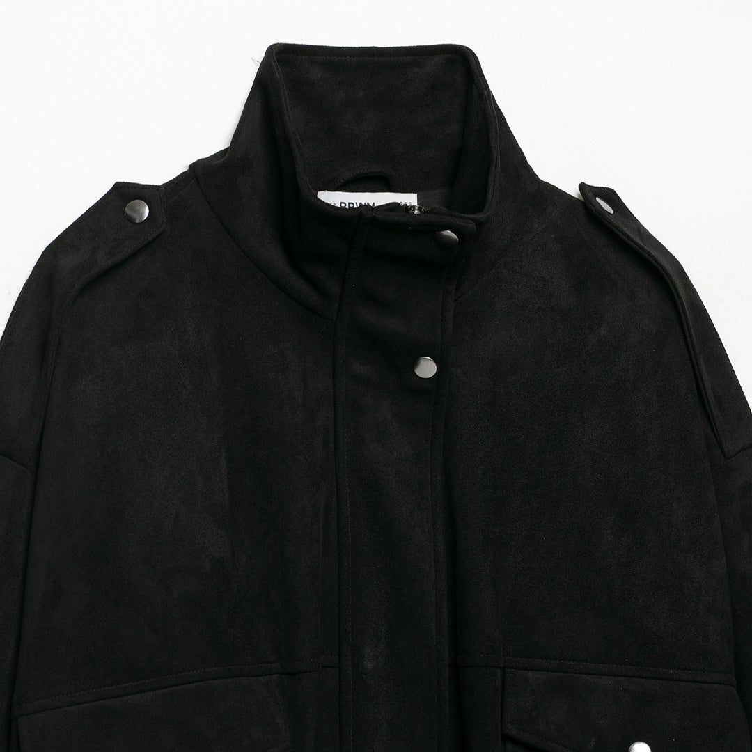 Women's tailored velvet bomber jacket with stand-up collar, shoulder epaulettes, and large flap pockets