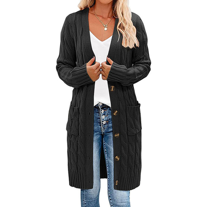 Ladies long knitted cardigan with cable design and practical pockets Lune London