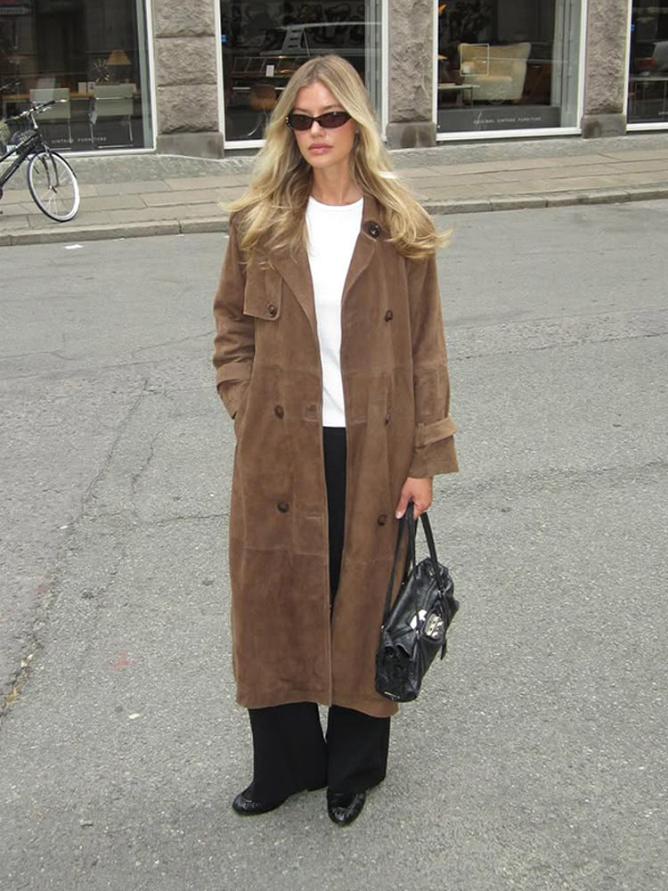 Women's Long Suede Trench Coat with Double-Breasted Buttons Amarae