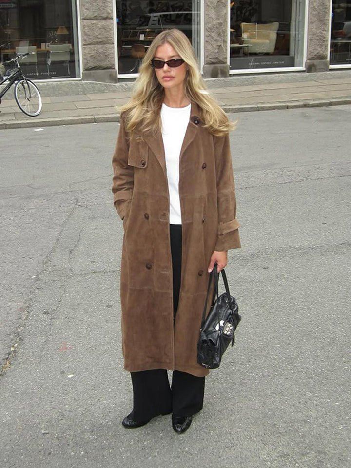 Women's Long Suede Trench Coat with Double-Breasted Buttons Amarae