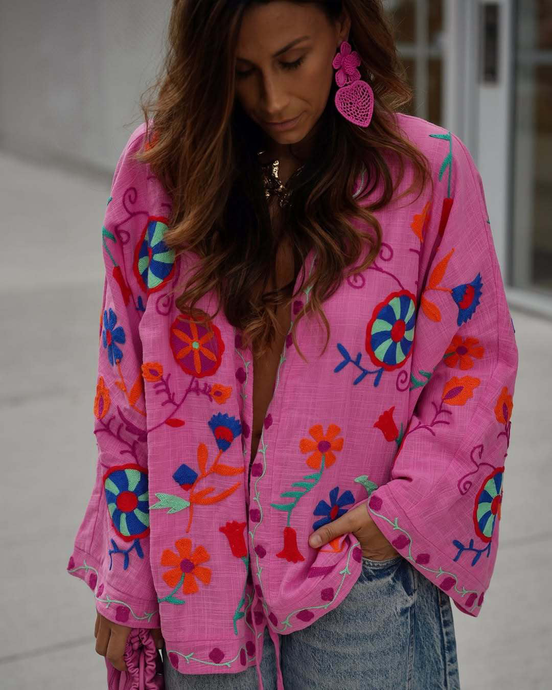 Women's Oversize Light Cotton Cardigan with Colorful Floral Embroidery Amarae