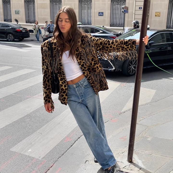 Women Short Faux Fur Blouson with Leopard Print and Fringe Amarae
