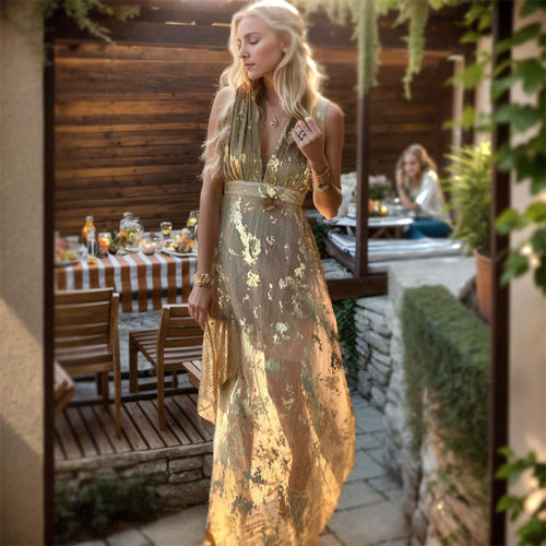 Women's Elegant Maxi Dress with Delicate Gold Pattern and V-neck