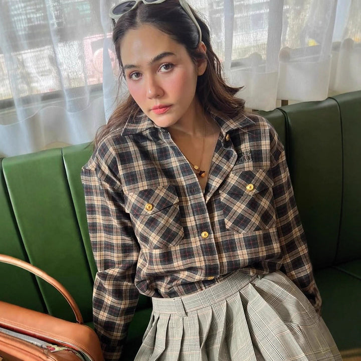 Women Checked Overshirt with Chest Pockets and Gold Snap Buttons Amarae