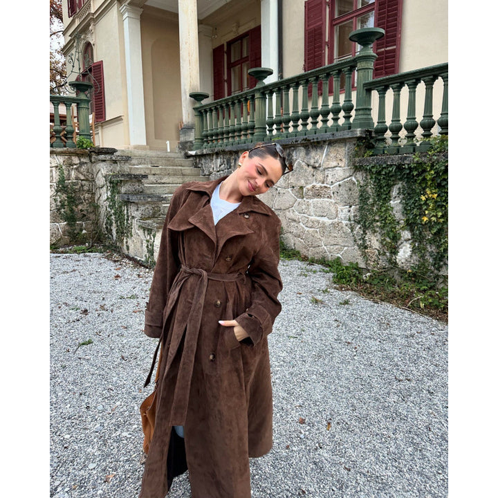 Elegant long coat for women in high-quality suede Lune London