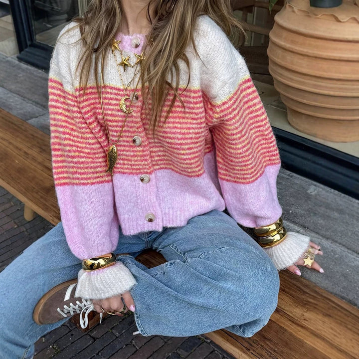 Women's Short Knit Cardigan made of Mohair Blend with Stripes, Button Placket and Balloon Sleeves Amarae