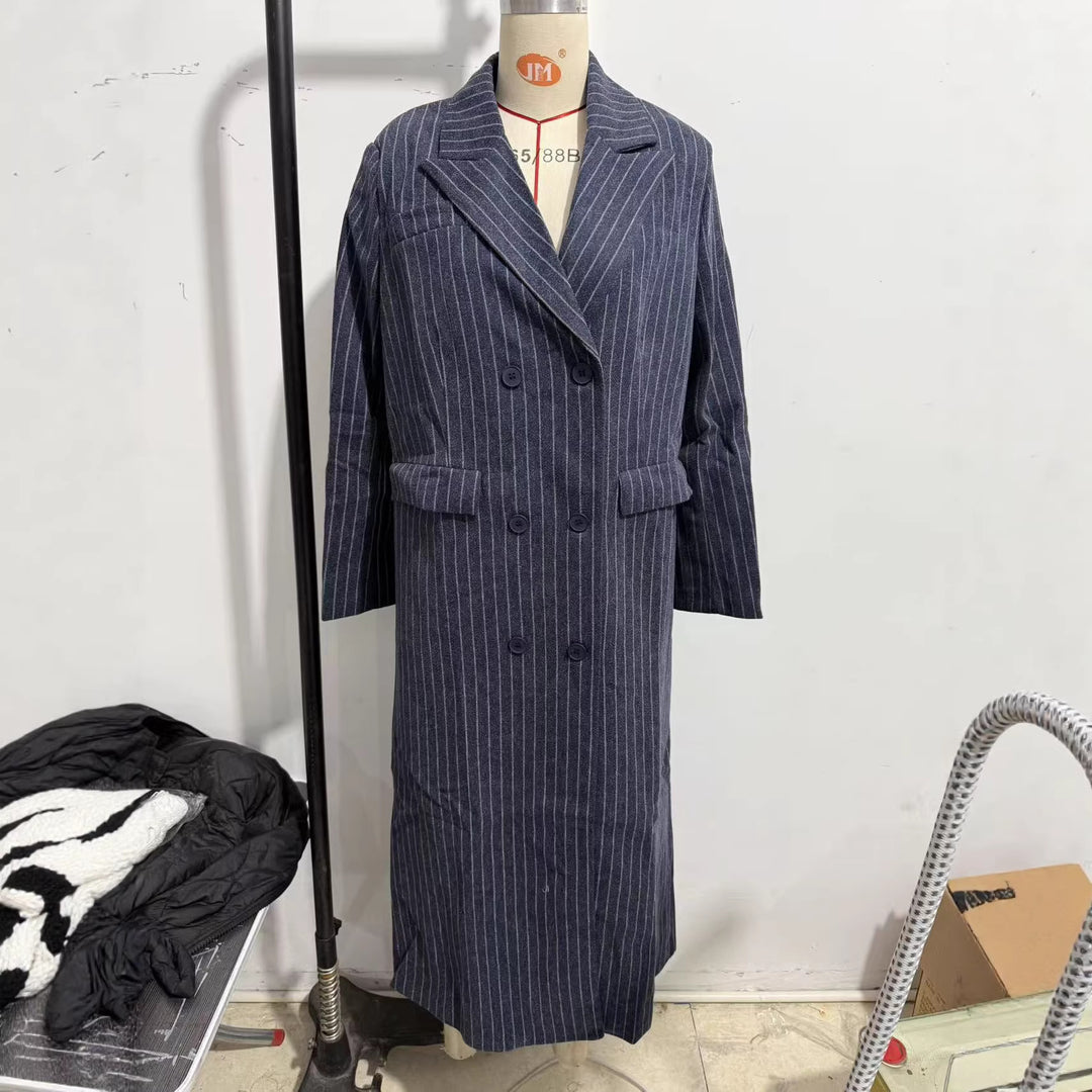 Women Long Double-Breasted Pinstripe Coat with Oversized Shoulder Amarae