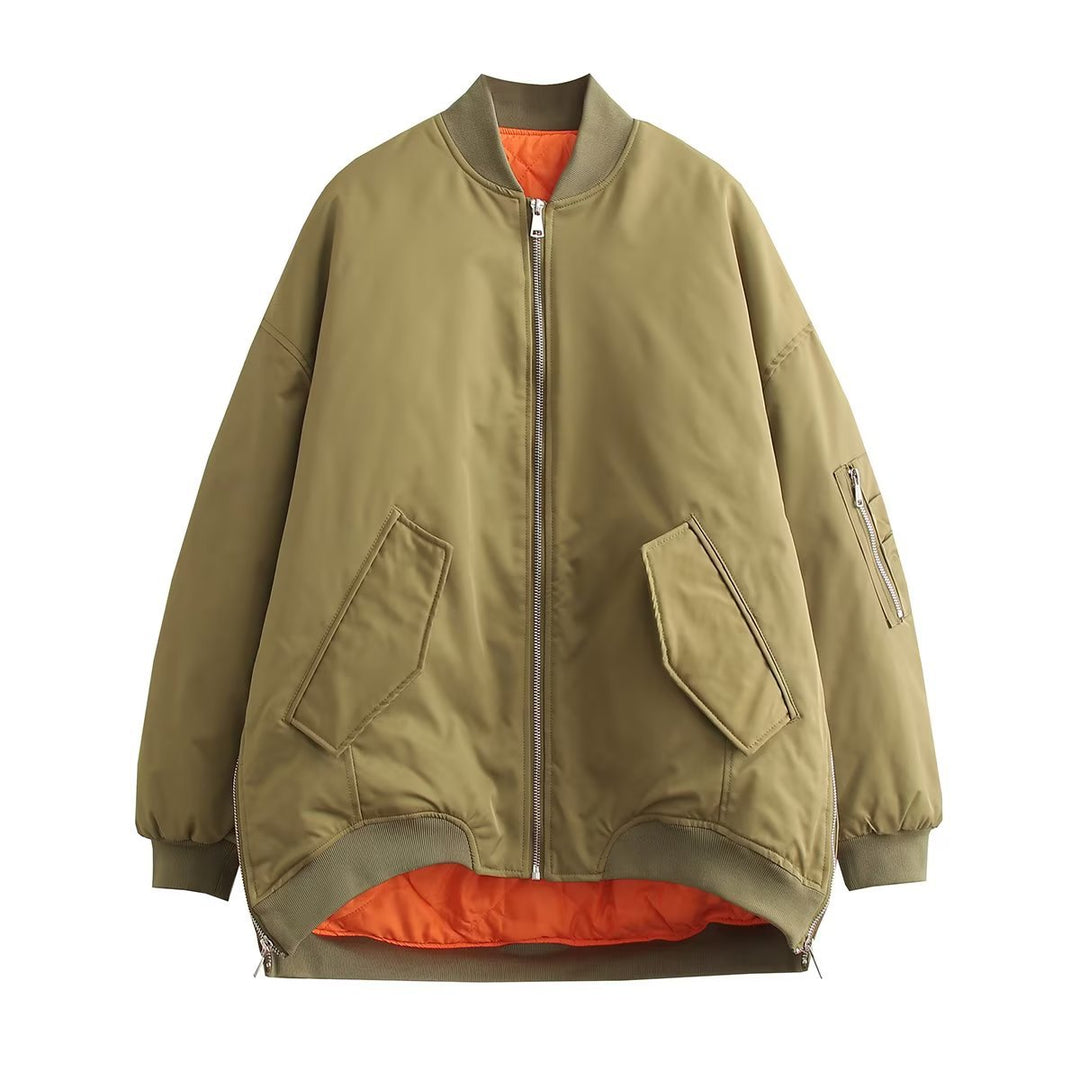 Fashionable oversized bomber jacket for women with functional pockets and sporty design Lune London