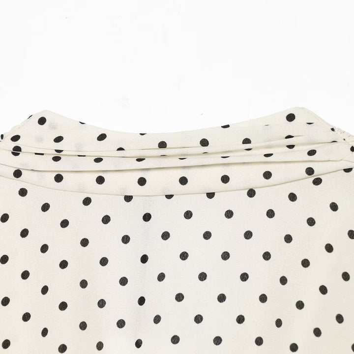 Women Polka Dot Blouse with V-Neck, Ruffled Hem and Balloon Sleeves Amarae