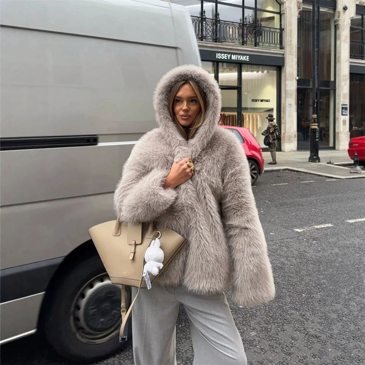 Women's Hooded Faux Fur Short Jacket with Dense Long Pile and Oversize Silhouette Amarae