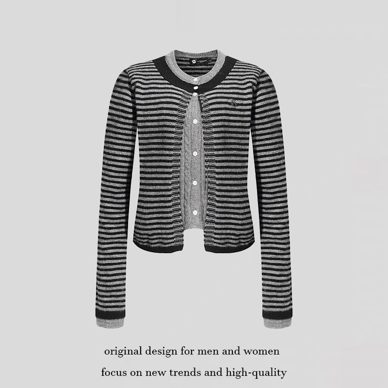 Women's Short Layered Cardigan with Round Neck and Fine Stripes Amarae