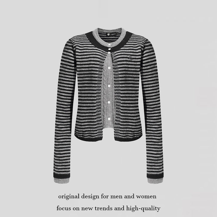 Women's Short Layered Cardigan with Round Neck and Fine Stripes Amarae