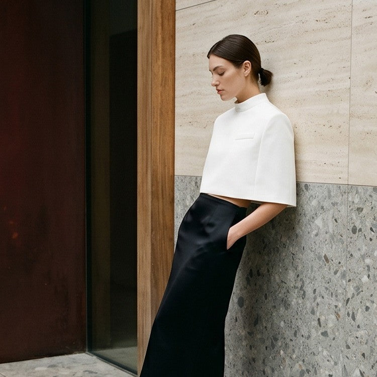 Women Short-Cut Sculptural Cape Top with Stand Collar Amarae