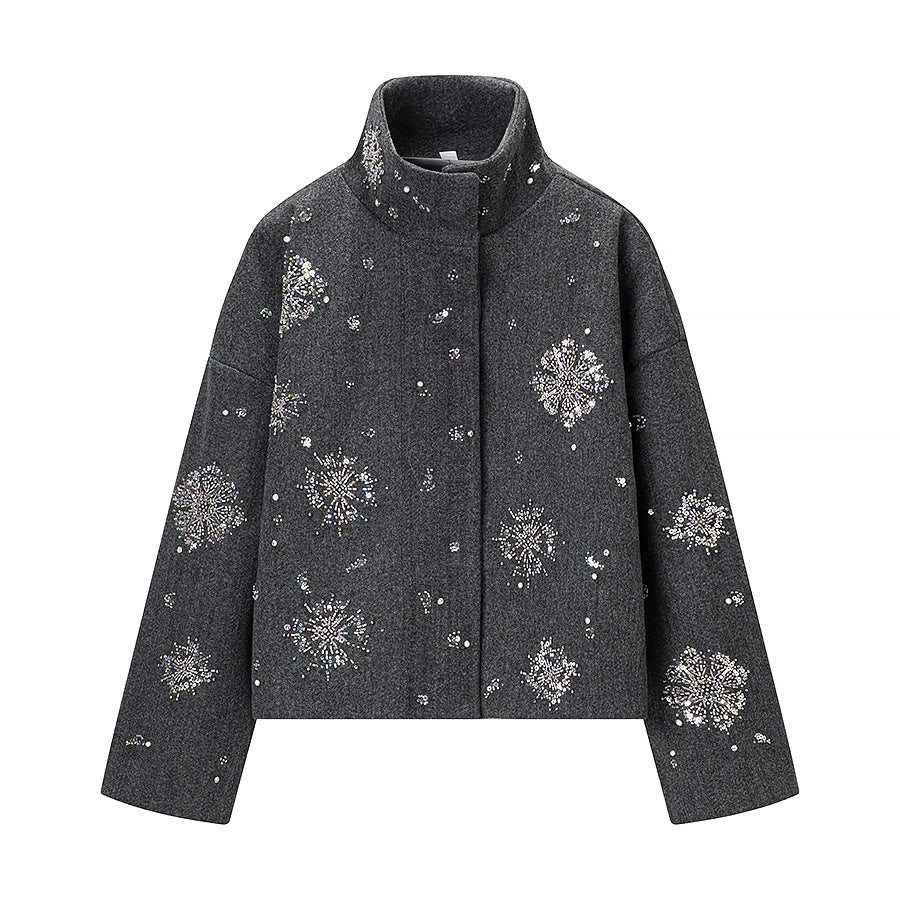 Women's Short Embroidered Wool Blend Boxy Coat with Stand Collar Amarae