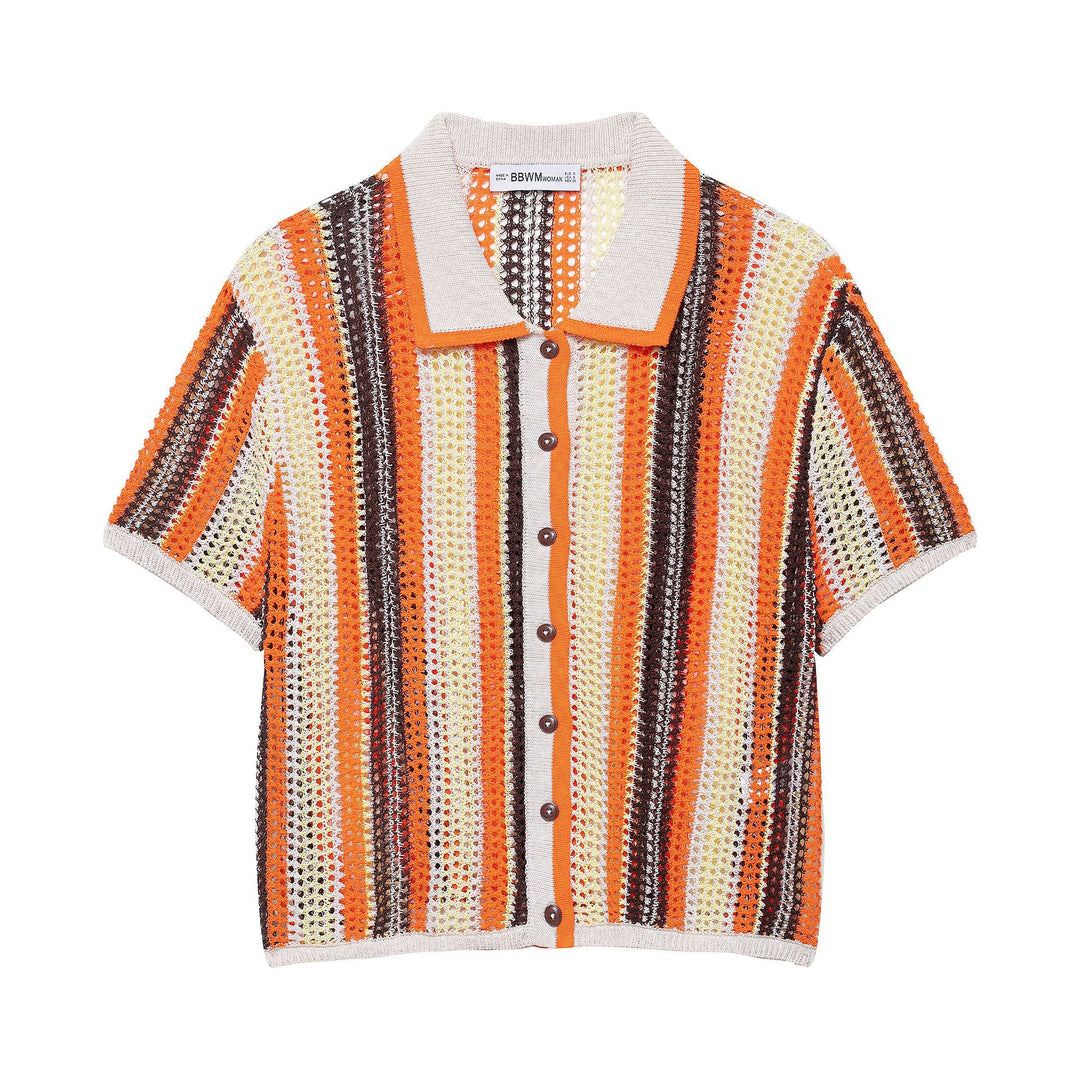 Thick knit shirt for women with short sleeves and contrasting stripes Lune London
