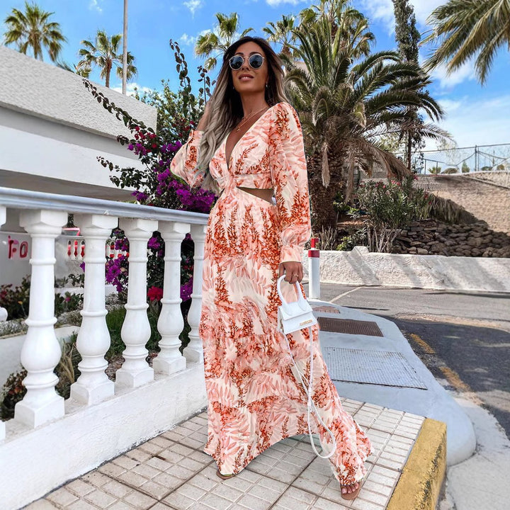 Maxi dress for women with playful cut and floral design Lune London