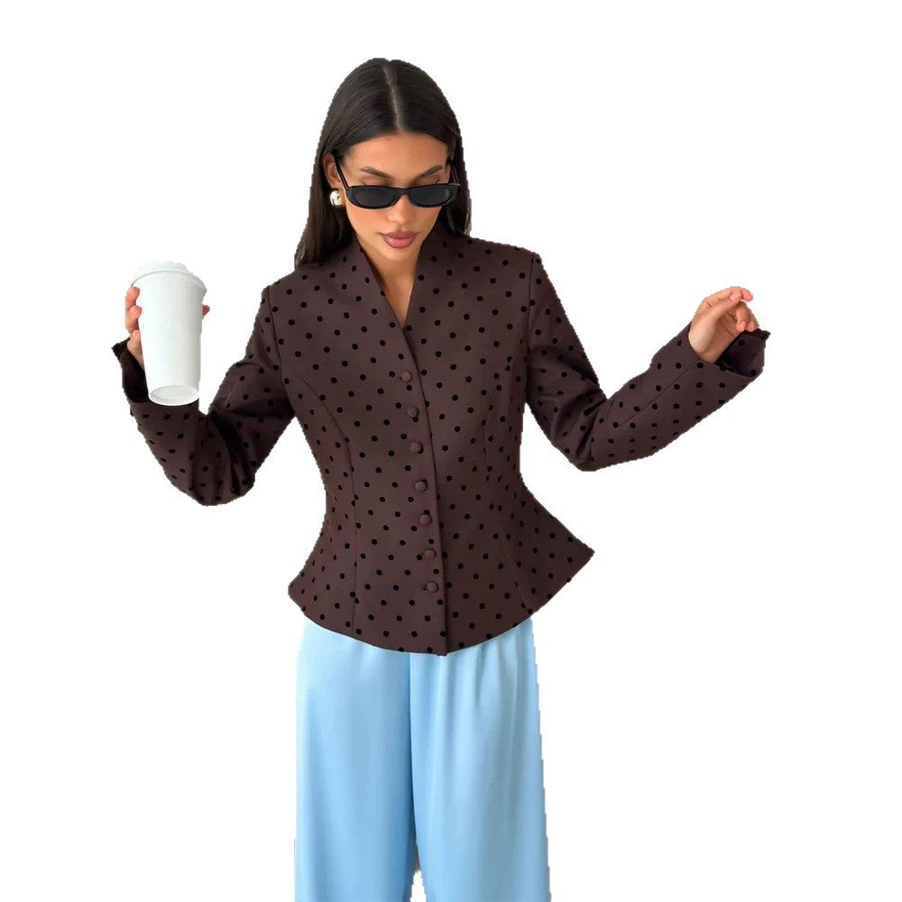 Women's Tailored Stand Collar Blazer with Polka Dot Pattern and Concealed Button Placket Amarae