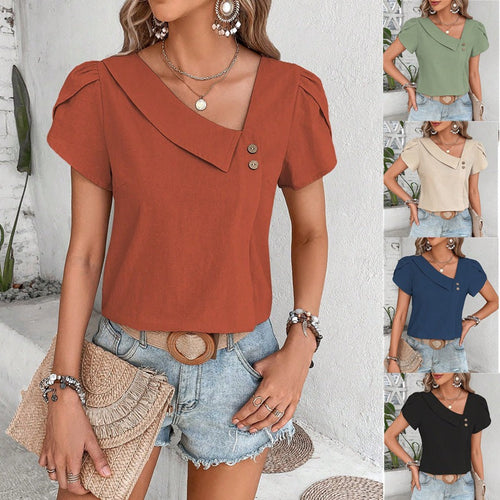 Ladies Casual Top with Elegant V-Neck and Button Details Amarae