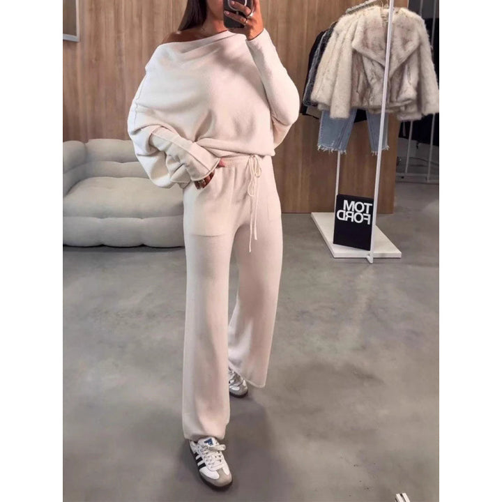 Women's Knit Loungewear Set with Oversized Shoulder, Wide Leg and Drawstring Amarae