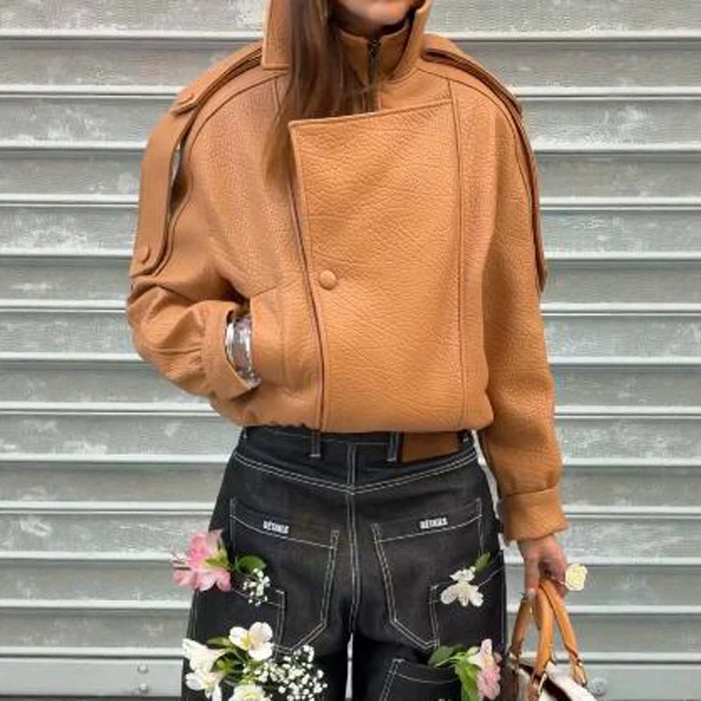 Ladies Cropped Oversized Jacket made of textured synthetic leather with a high stand-up collar Amarae