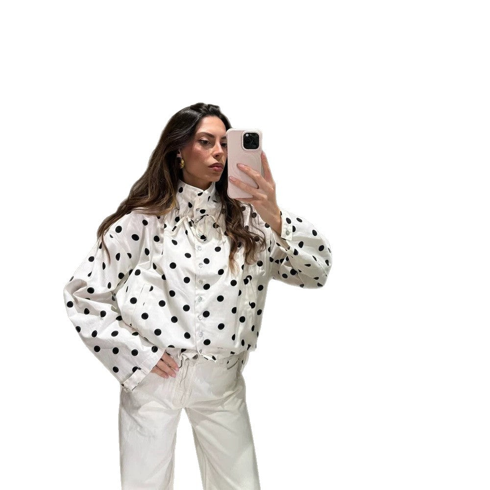 Women Lightweight Dotted Transition Jacket with Stand-up Collar, Drawstring & Loose Silhouette Amarae