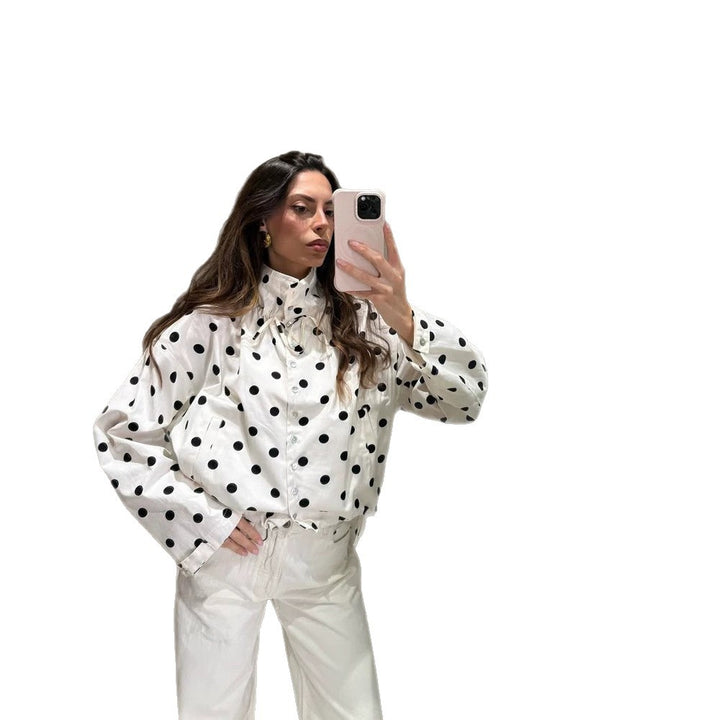 Women Lightweight Dotted Transition Jacket with Stand-up Collar, Drawstring & Loose Silhouette Amarae