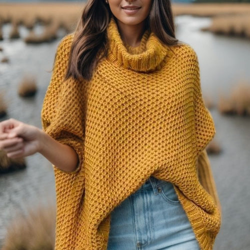 Pull en tricot décontracté pour femmes avec col montant et design texturé Chic & Stil