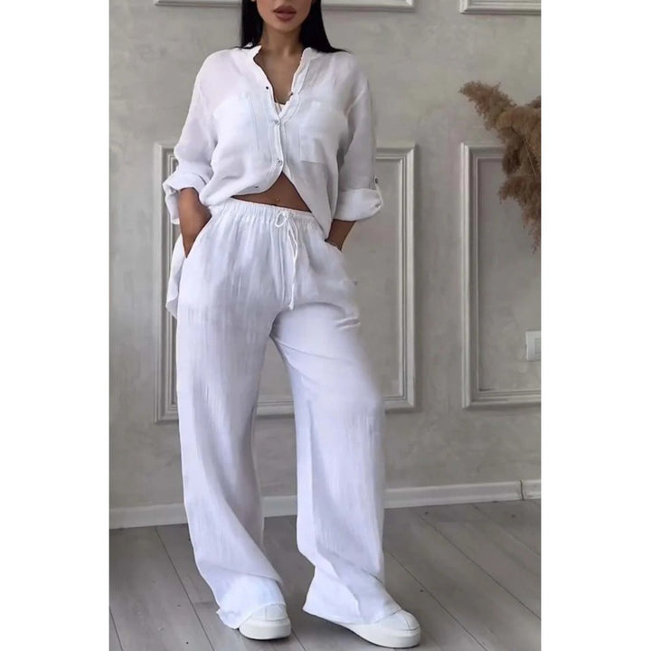 Women's Wide Linen Blend Pants with High Elastic Waistband, Drawstring and Palazzo Silhouette Amarae