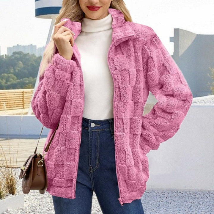 Women's teddy jacket with check structure, stand-up collar and zipper Amarae
