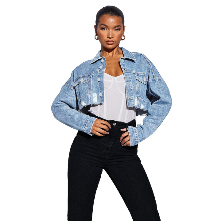 Women Short-Cut Cropped Denim Jacket with Raw Edge and Oversize Sleeves Amarae