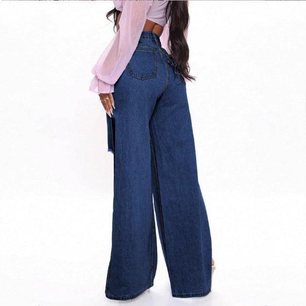 Women's High-Waist Wide-Leg Jeans with High Side Slits and Destroyed Details Amarae