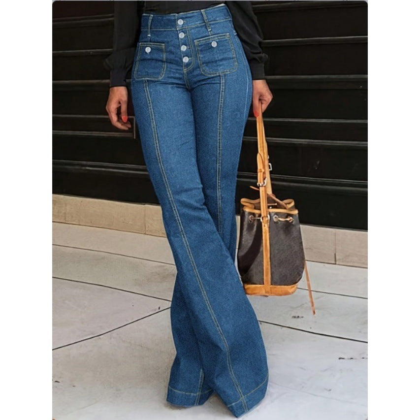 Ladies High-Waisted Flared Jeans with visible center seam, button closure, and patch front pockets Amarae