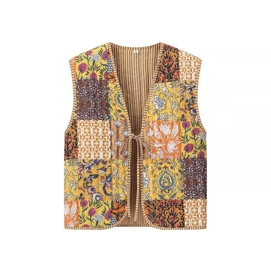 Women's Padded Quilted Vest with Floral Allover Print, Tie Belt and Decorative Piping Amarae