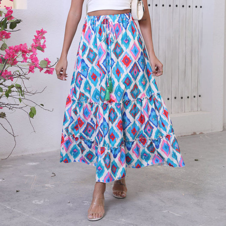 Long maxi skirt for ladies with a cheerful tiered design and elastic waistband Lune London