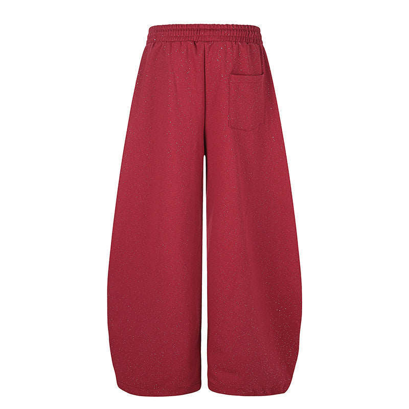 Women's Extra Wide Palazzo Sweatpants in Glitter Nep with Elastic Waistband, Drawstring and Star Script Print Amarae
