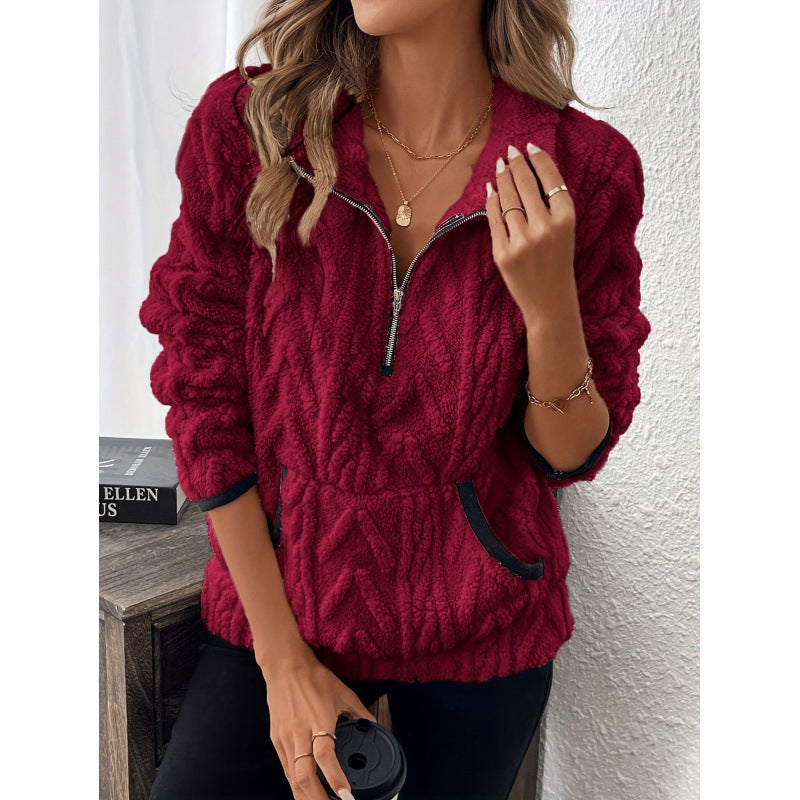 Fluffy teddy sweater for women with half-zip and high collar Lune London